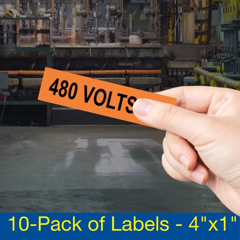 ComplianceSigns.com 480 Volts Ac Label Decal, 4x1 in. 10-Pack Vinyl for Electrical Pipe Markers, Made in USA - Image 1